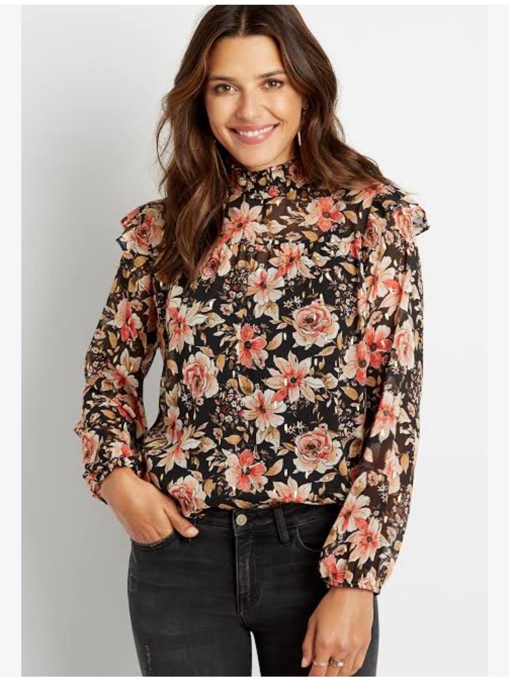 Maurices Black Floral Ruffle-Neck Long Sleeve Blouse